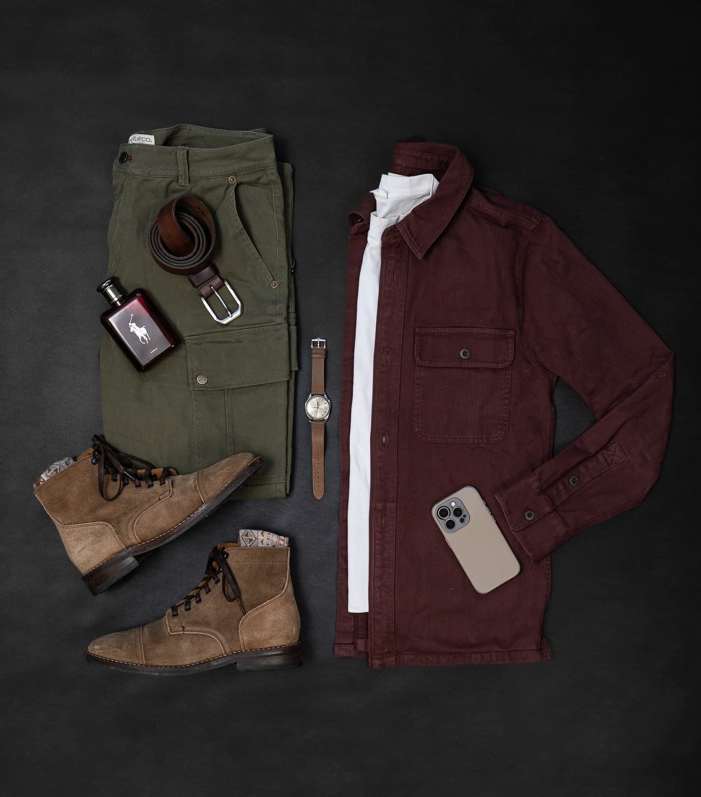 Burgundy Overshirt, Olive Cargos & Suede Boots