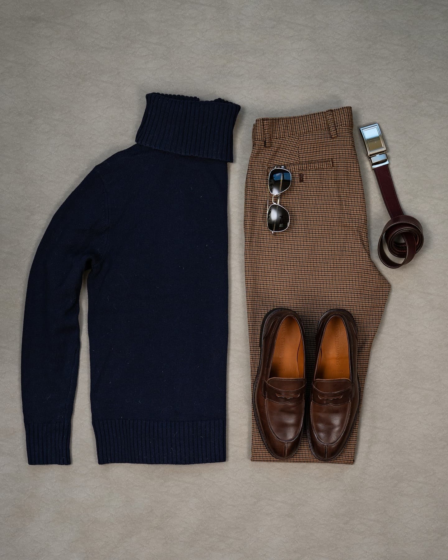 Navy Turtleneck & Brown Houndstooth Trousers