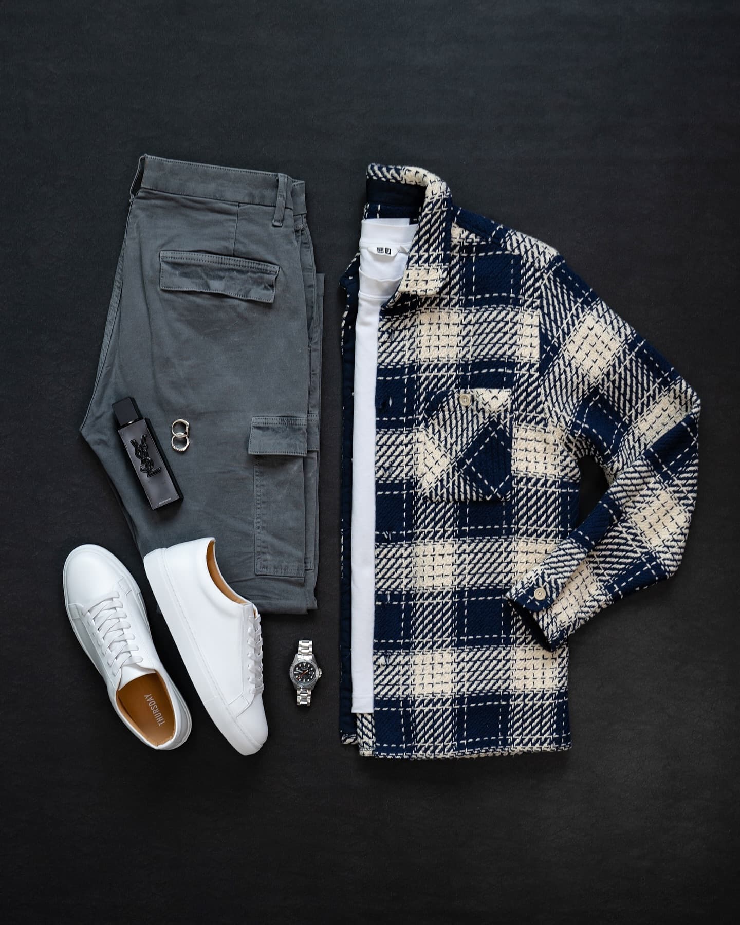 Textured Navy Check Overshirt & Grey Cargos
